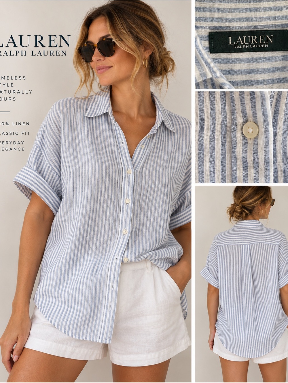Lauren Ralph Lauren 100% Linen Blue White Striped Button Front Shirt Size Large